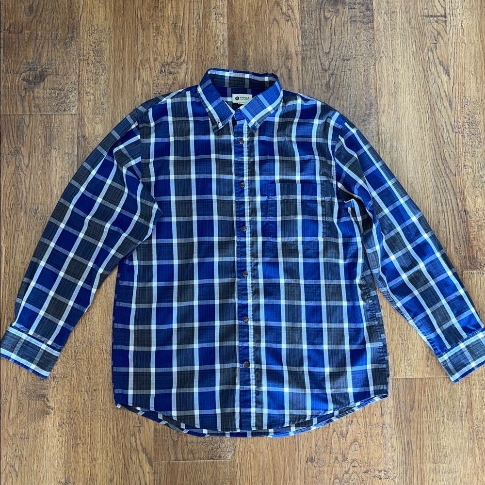 Haggar Blue and White Plaid Button-Down Shirt